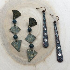 Bundle lot 2 oxidized metal look statement earrings, long, dangle drop, rustic.